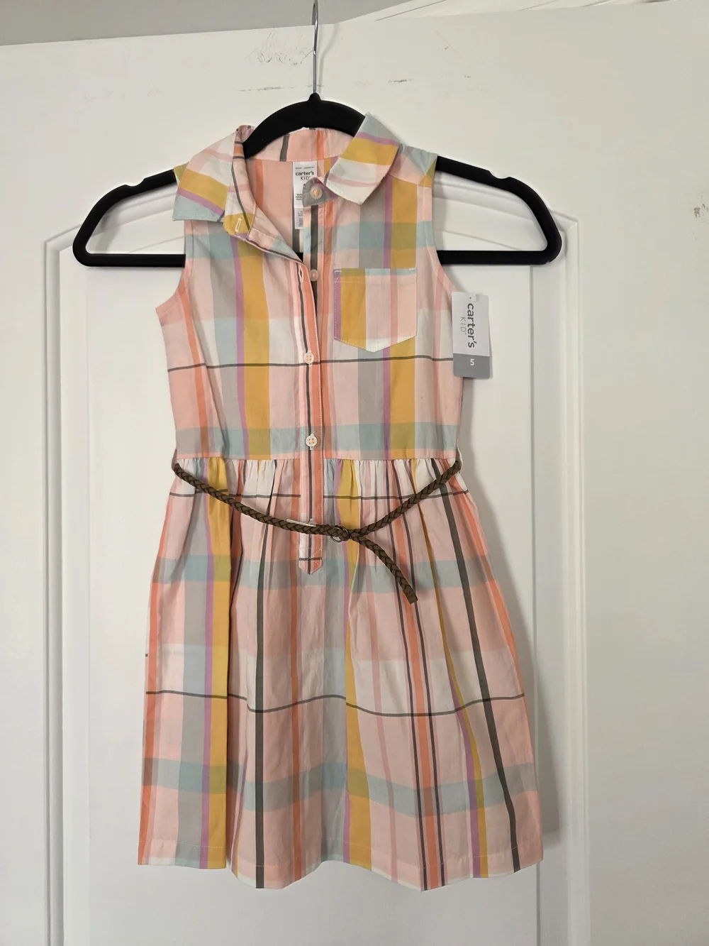 Carter's Pink Multicolor Plaid Sleeveless Shirt Dress with Braided Belt